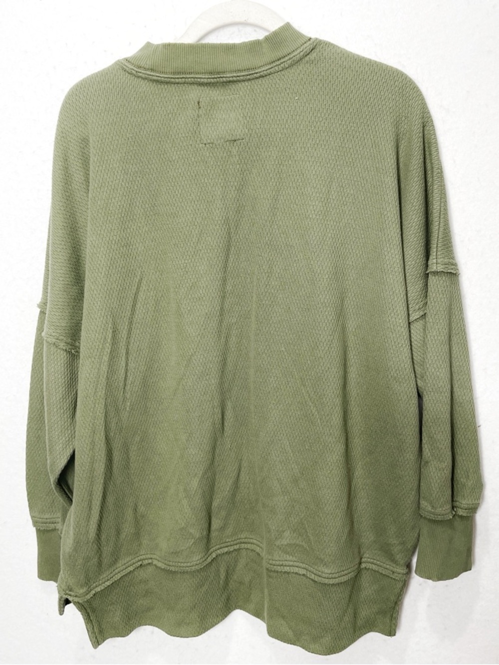 Aerie Big Chill Textured Crew Ribbed Oversized Sweatshirt Olive Green Distressed - Picture 4 of 8